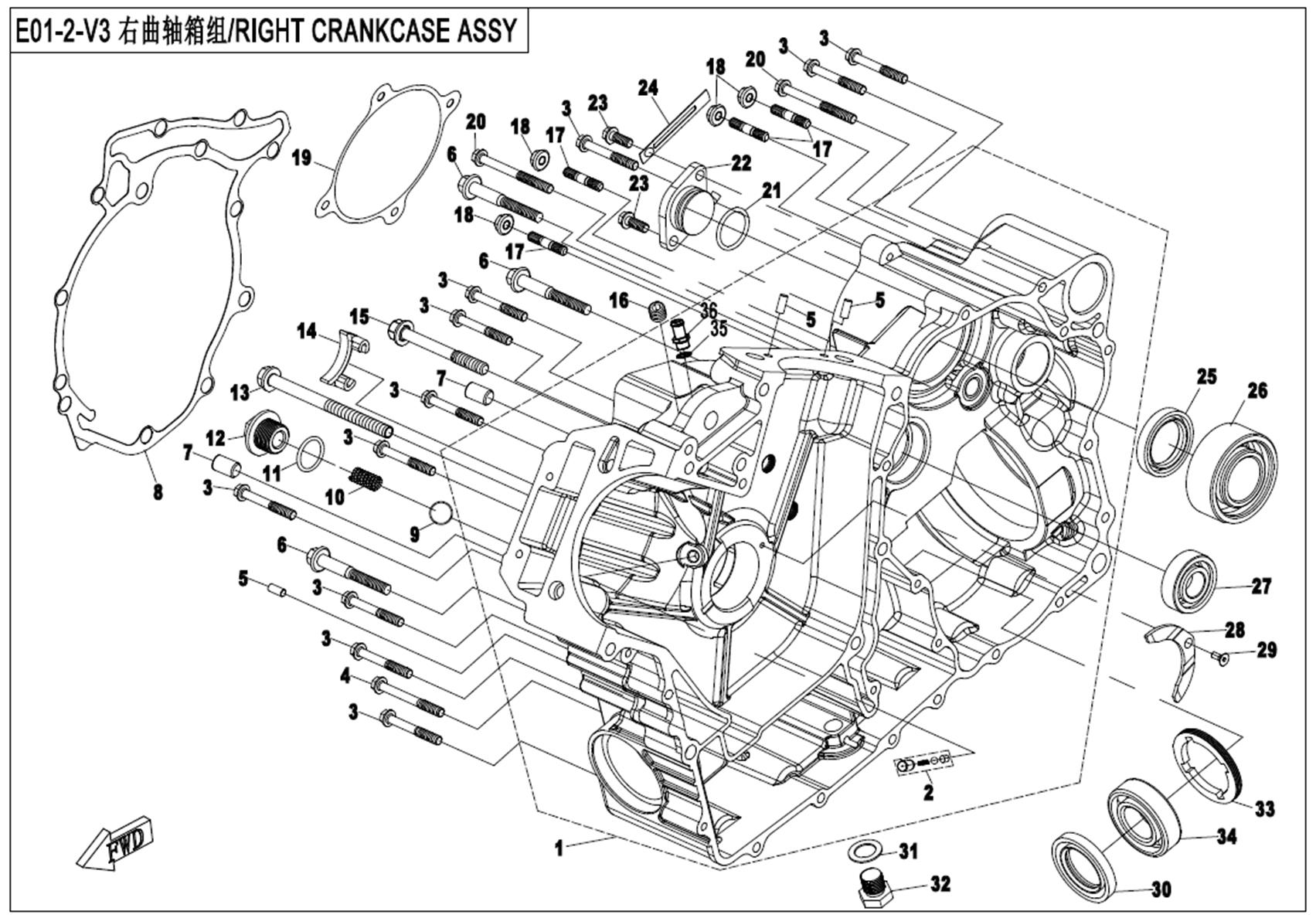 E01-2-V3 - RIGHT CRANKCASE ASSY