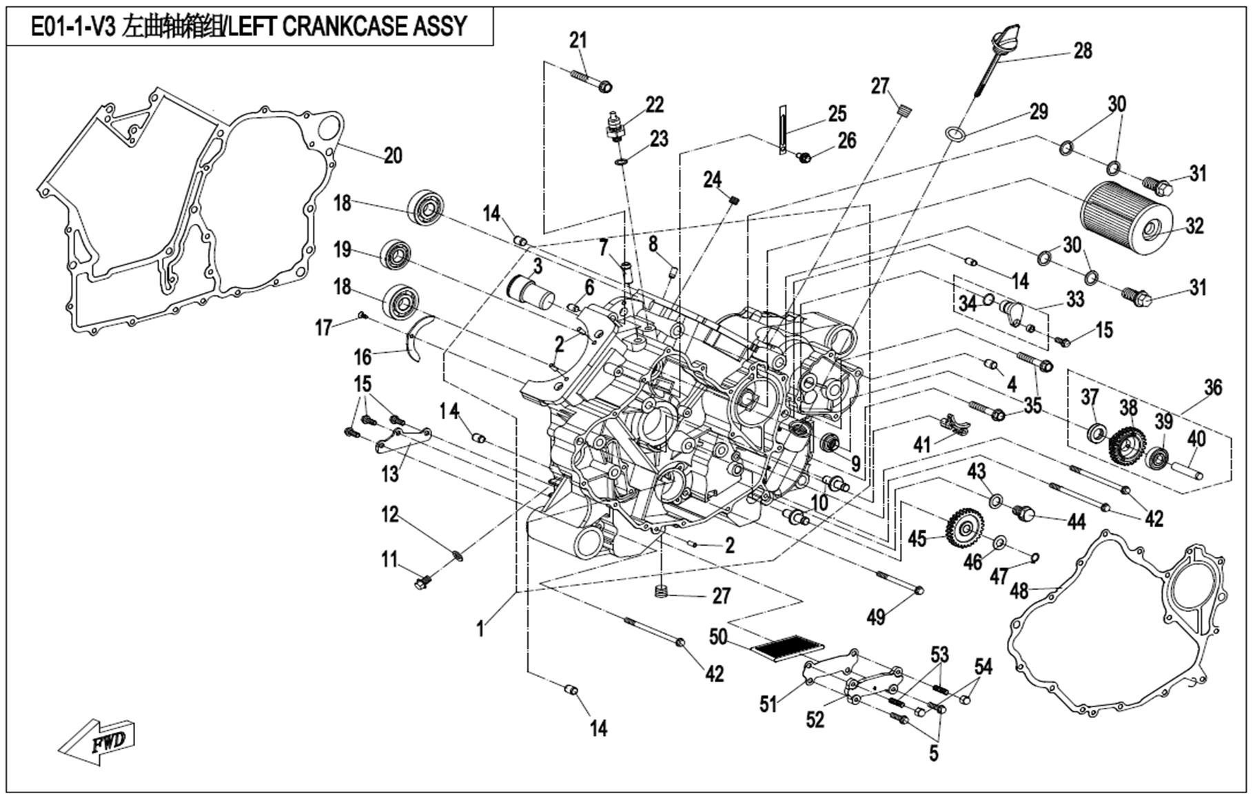 E01-1-V3 - LEFT CRANKCASE ASSY